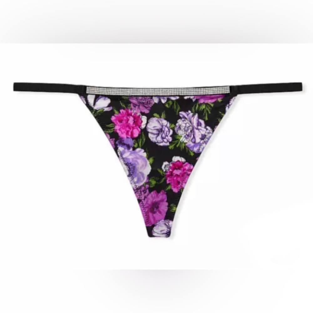 Floral Black Thong Panty shine strap Victoria's Secret new very sexy embellished